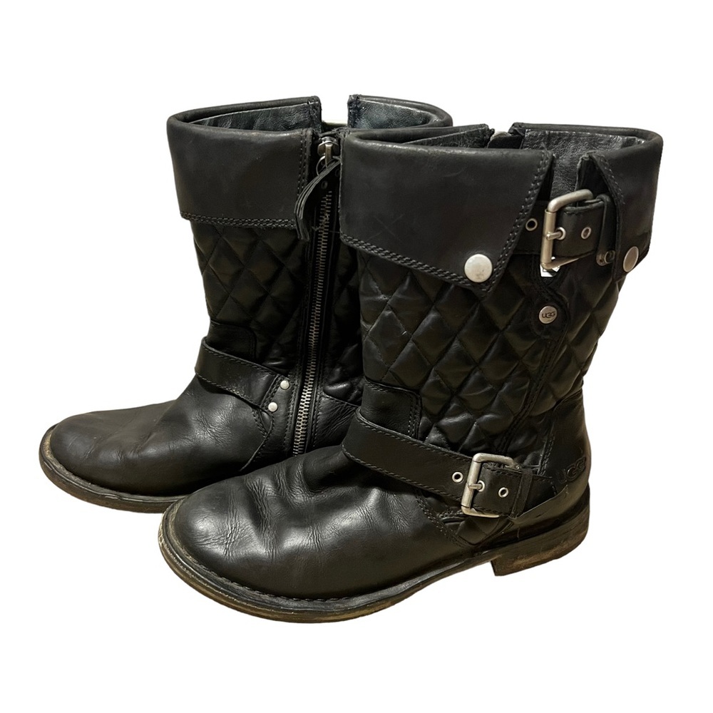 Ugg Australia Womens Black Conor Moto Boots size 6.5 Leather Side Zip 1001832 - Picture 3 of 11